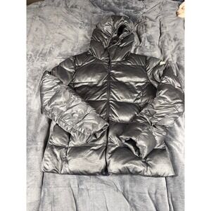 Moncler Jersey Giubbotto Metallic Charcoal Grey Down Puffer Jacket Hooded Womens